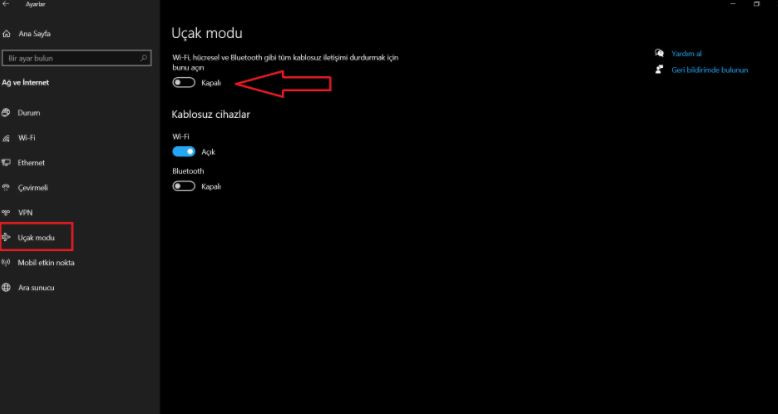 Bilgisayarınızı Uçak Modundan Çıkarın