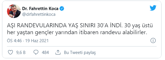 koronavirüs aşısında yaş sınırı 30'a düşürüldü