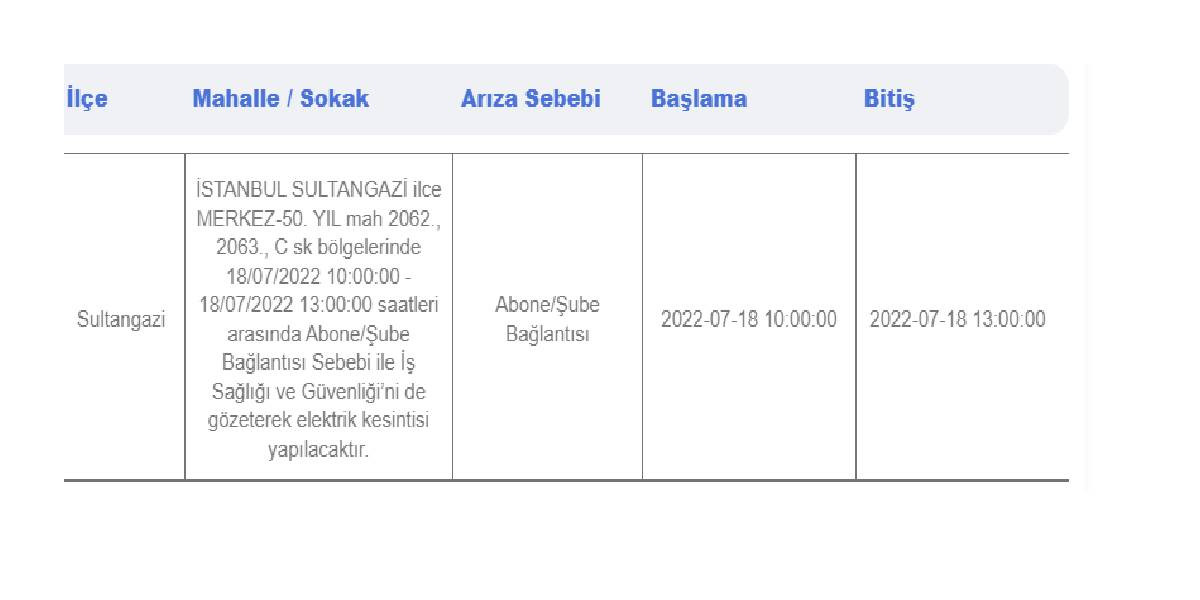 18 Temmuz Sultangazi Elektrik Kesintisi