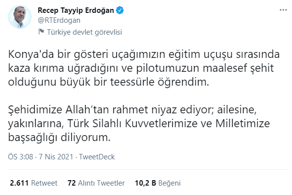 Başkan Erdoğan'dan Konya'da Şehit Düşen Pilot İçin Başsağlığı Mesajı354