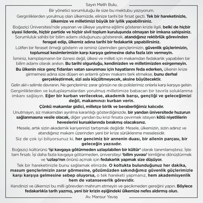 Mansur Yavaş Mektup