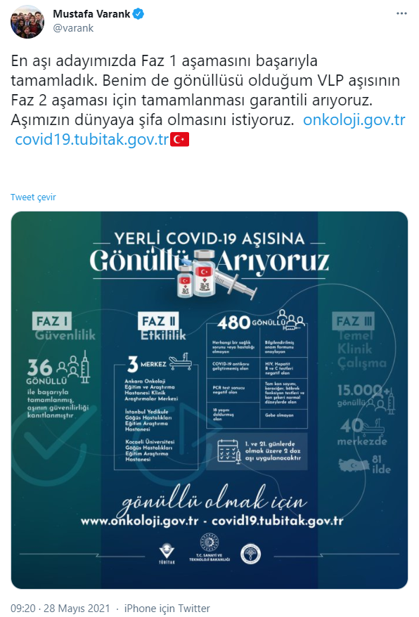 bakan varank: yerli aşı için gönüllü isteniyor
