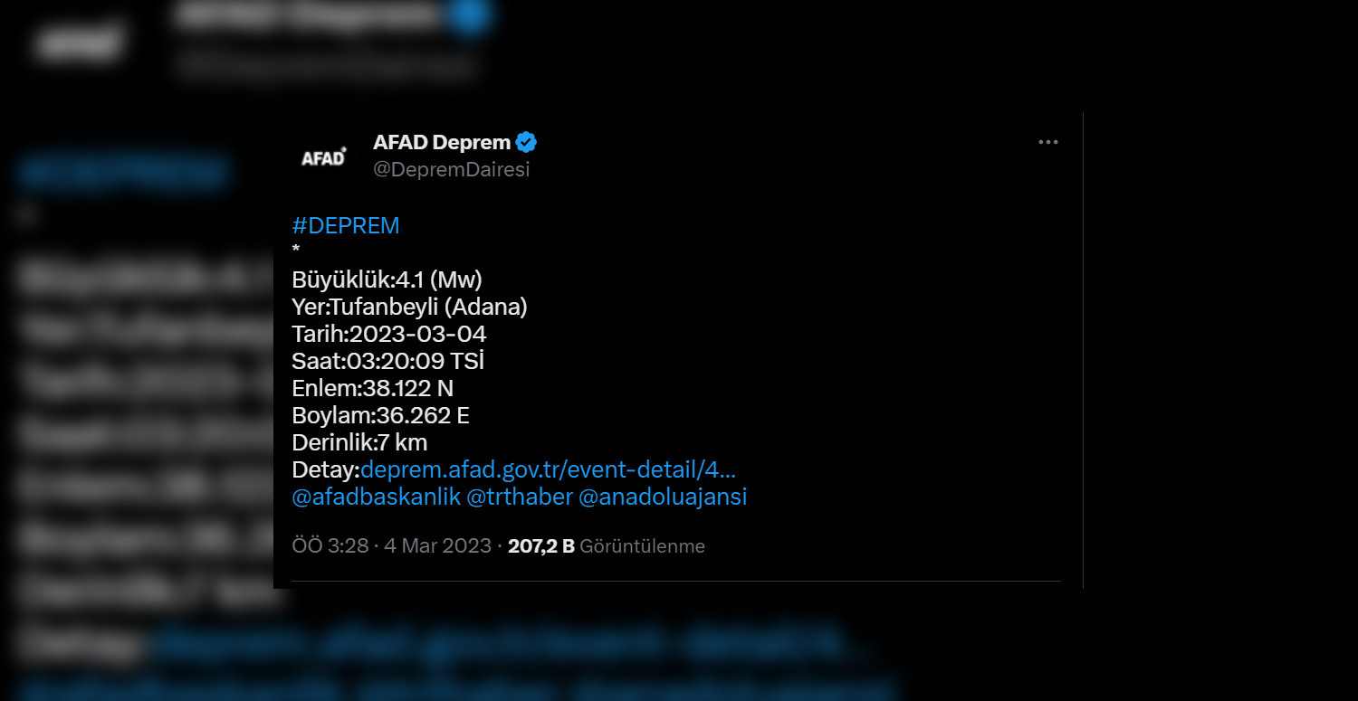 Adana'da deprem