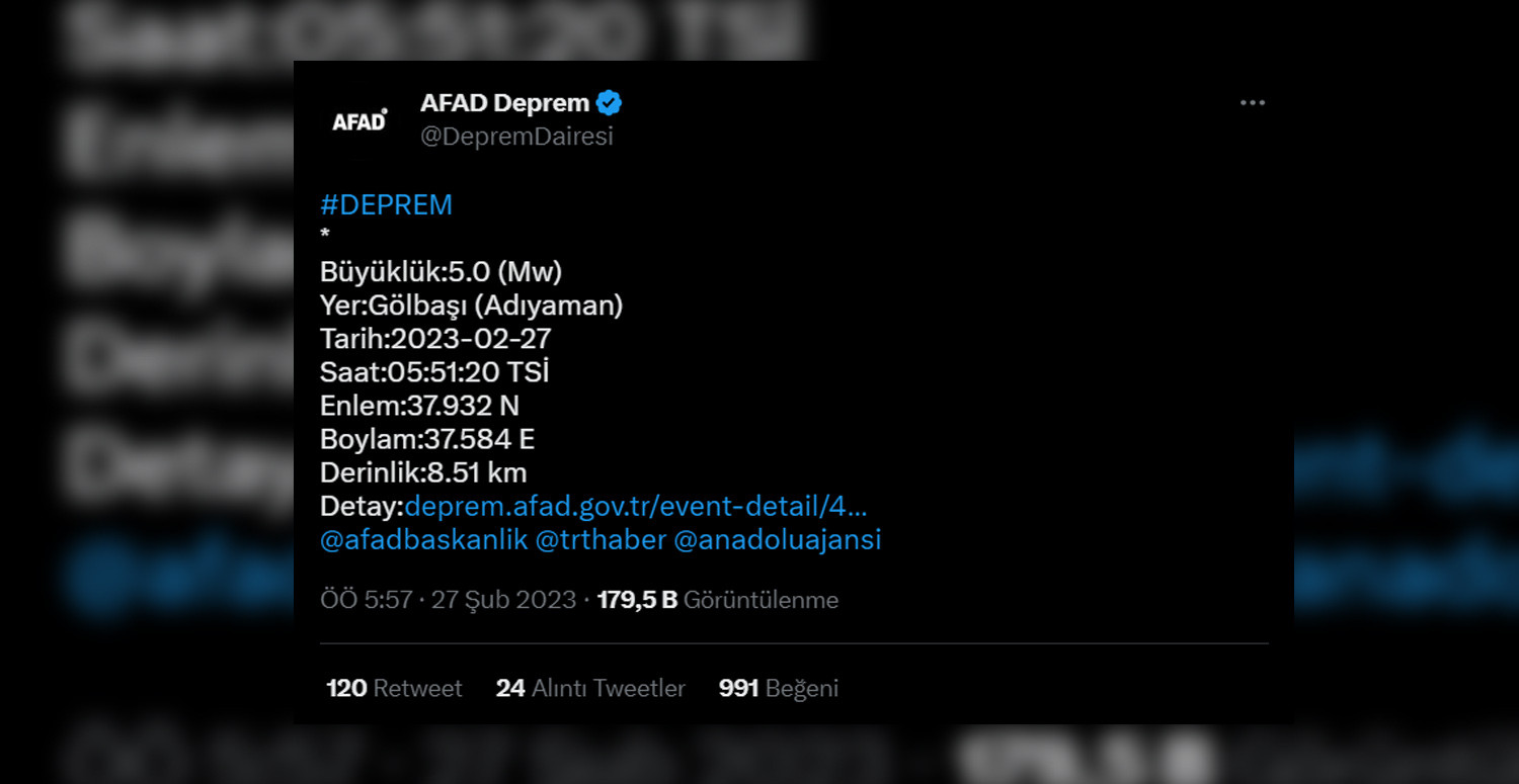 Adıyaman'da 5.0 büyüklüğünde deprem