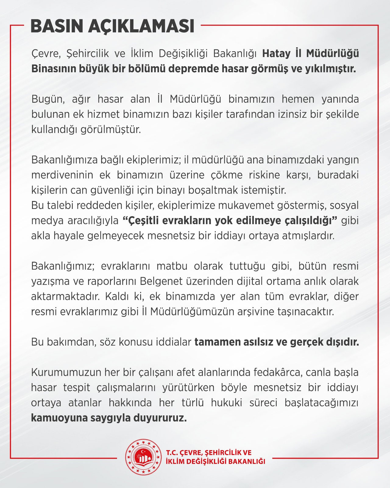 Çevre, İklim ve Şehircilik Bakanlığı'ndan yalan haberlere açıklama
