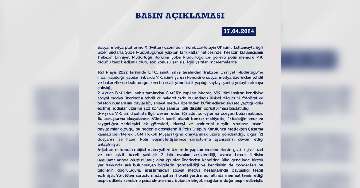 Dizilere konu olan bir olay gerçek hayatta karşılığını buldu. Ünlü oyuncu Kemal Sunal’ın ‘Korkusuz Korkak’ filminde hayat verdiği ‘‘Bombacı Mülayim’’ karakterini benimseyen bir kullanıcı sosyal medya hesabı X'te ‘BombacıMülayim01’ adında açtığı hesabıyla Bitlis’teki emniyet ve emniyette çalışanların bilgilerini paylaşan kullanıcının kimliği ifşa edildi.