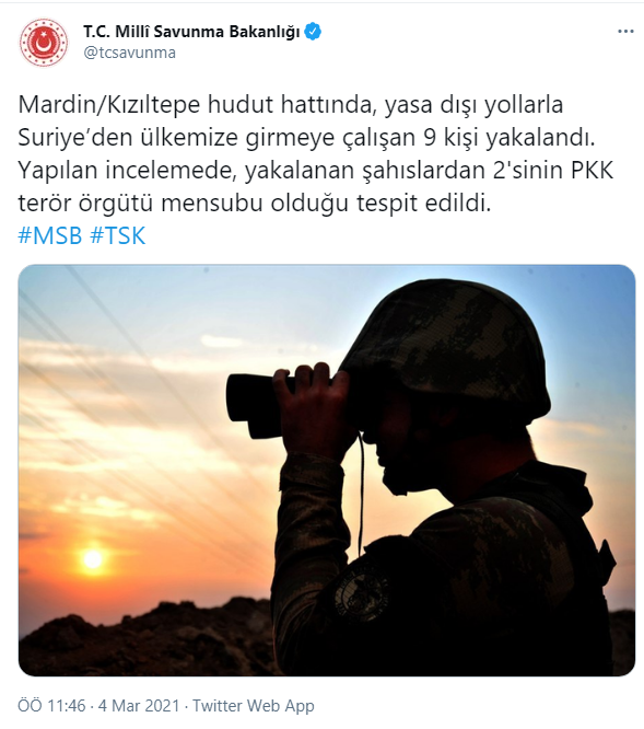 MSB, Türkiye'ye Girmeye Çalışan 9 Kişinin Yakalandığını Açıkladı 04032221