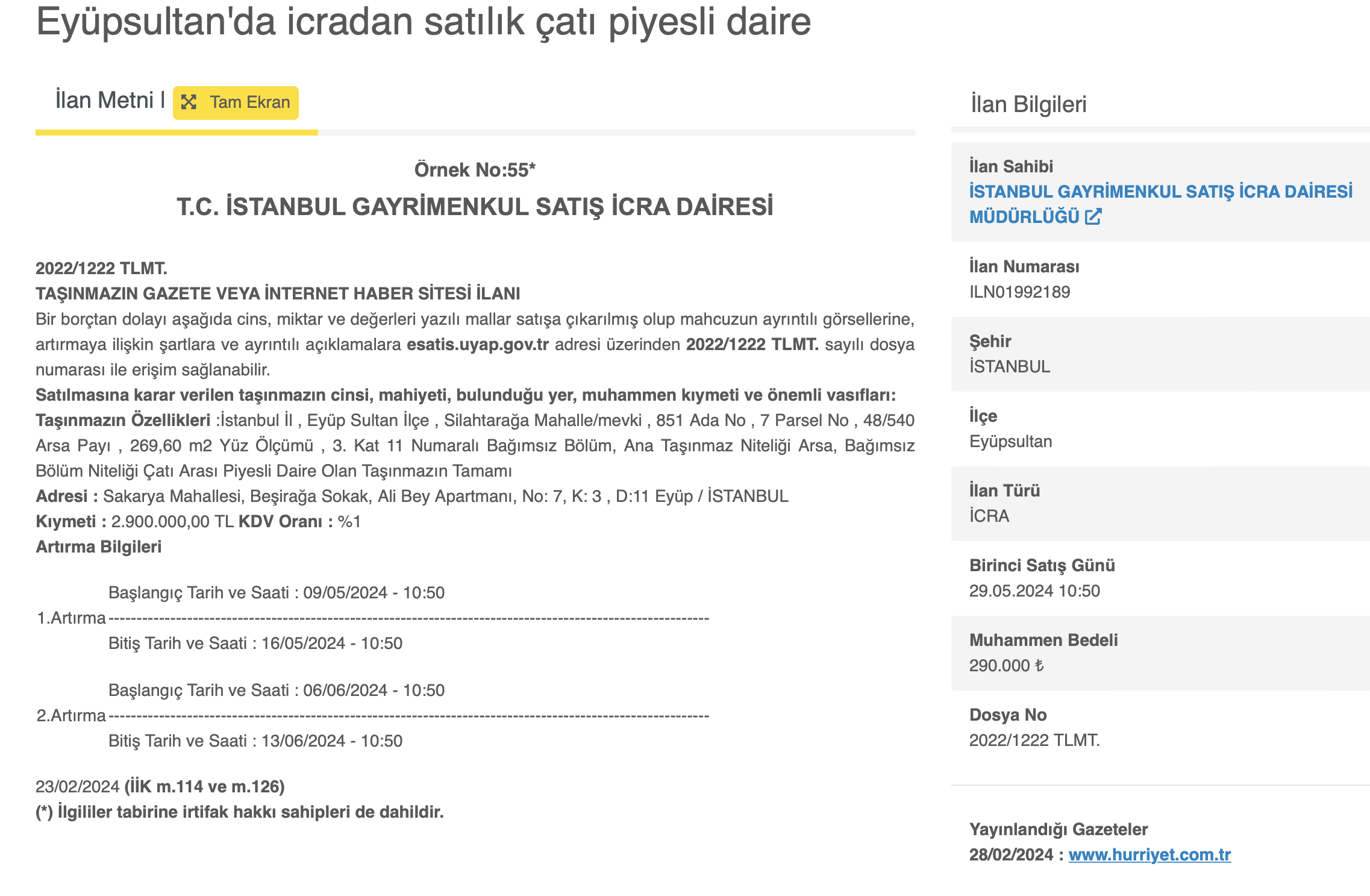İstanbul Eyüpsultan'da satılık çatı piyesli daire
