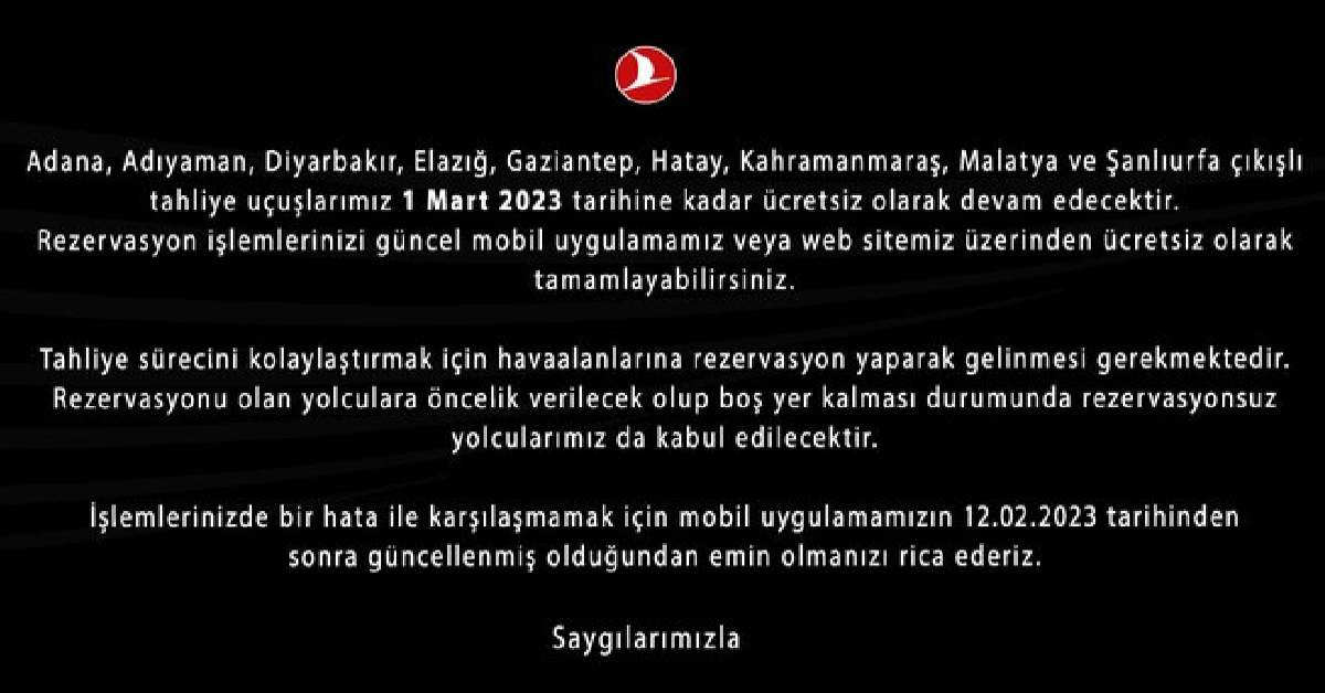 THY Ücretsiz Tahliye
