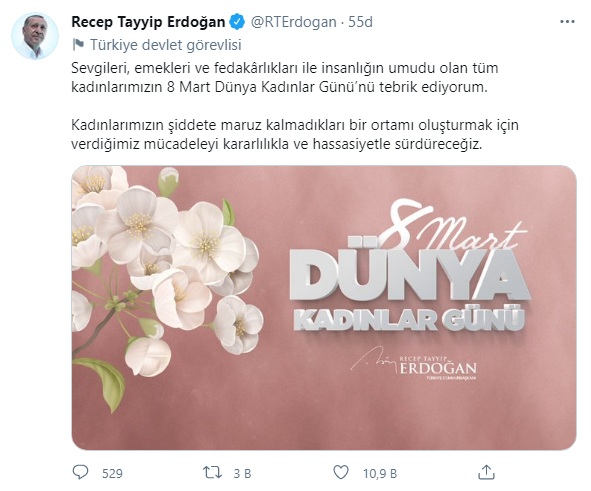 Cumhurbaşkanı Erdoğan'dan 8 Mart Kadınlar Günü Paylaşımı083202112120