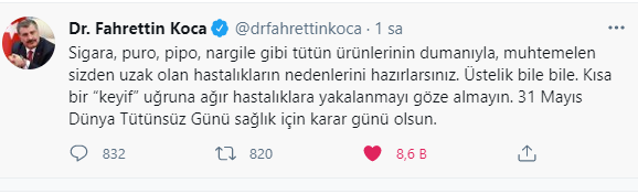 Bakan Koca'nın Sigaraya Hayır paylaşımı
