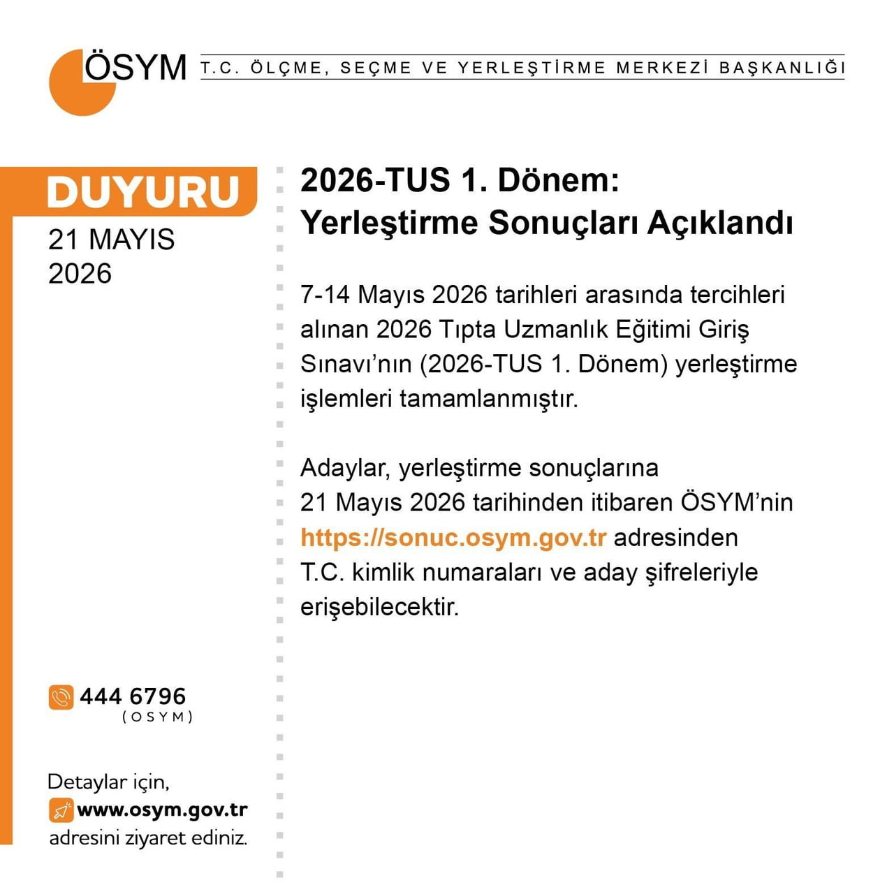 2026-TUS 1. DÖNEM YERLEŞTİRME SONUÇLARI ÖLÇME, SEÇME VE YERLEŞTİRME MERKEZİ’NİN (ÖSYM) İNTERNET...