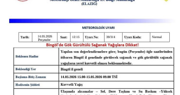 Bingöl'de Gök Gürültülü Sağanak Yağış Uyarısı