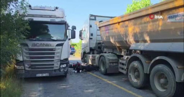Çatalca’da kamyonların arasında kalan motosiklet sürücüsü ağır yaralandı