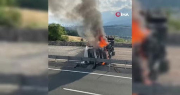 Devrilen çakıl yüklü tır alev aldı: 1 yaralı
