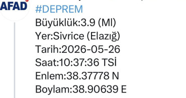 Elazığ'da 3.9 Büyüklüğünde Deprem