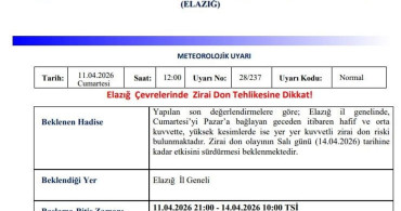 Elazığ'da Zirai Don Riski Uyarısı