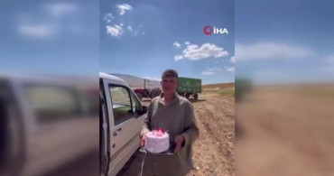 Kavurucu sıcağa rağmen mercimek tarlasında sürpriz doğum günü kutlaması