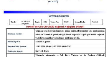 Tunceli için Gök Gürültülü Sağanak Yağış Uyarısı