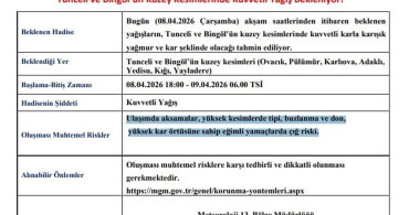 Tunceli ve Bingöl için Meteoroloji'den Sağanak Yağış Uyarısı