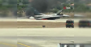Yunanistan'da acil iniş yapan F-16 savaş uçağı alev aldı