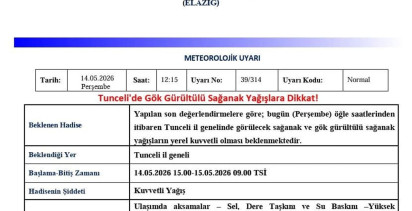 Tunceli için Gök Gürültülü Sağanak Yağış Uyarısı