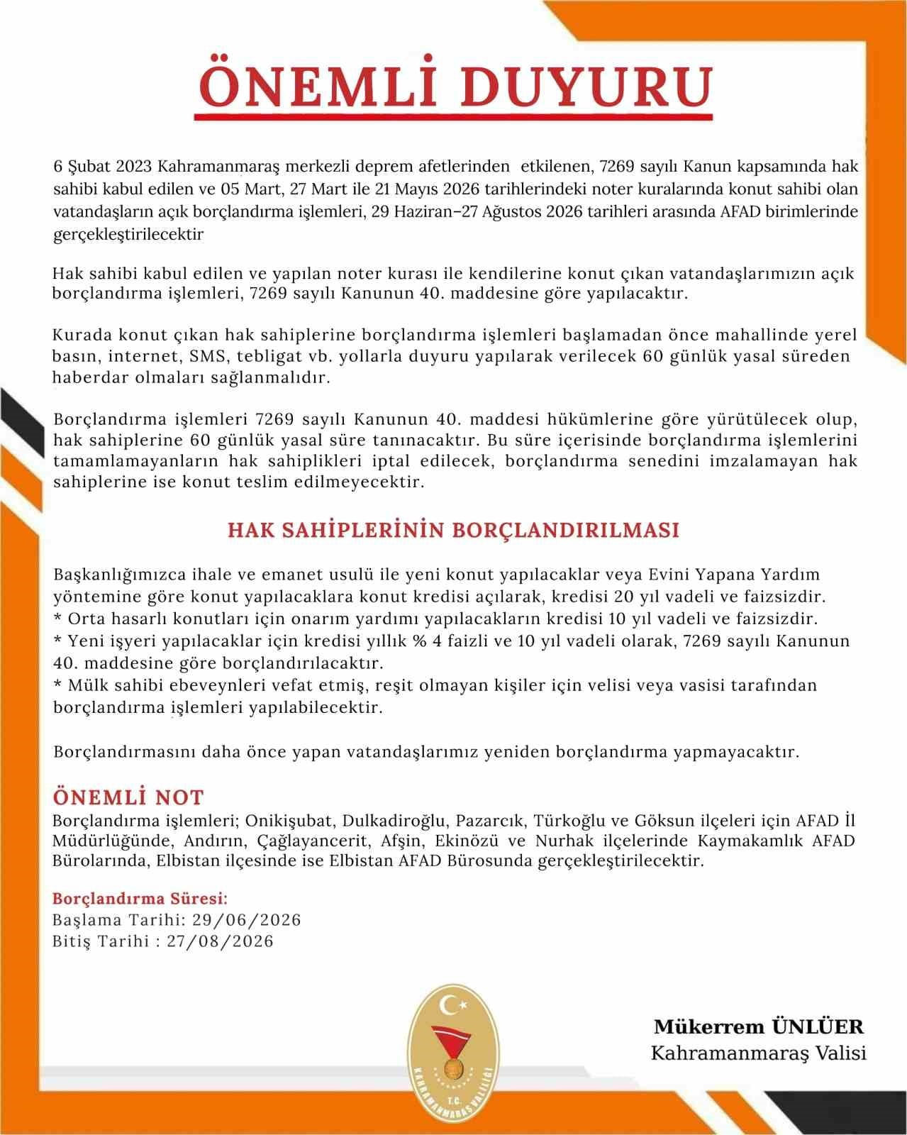6 ŞUBAT 2023 KAHRAMANMARAŞ MERKEZLİ DEPREMLERİN ARDINDAN HAK SAHİBİ KABUL EDİLEREK NOTER KURASIYLA...