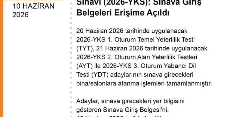 2026-YKS Giriş Belgeleri Yayınlandı