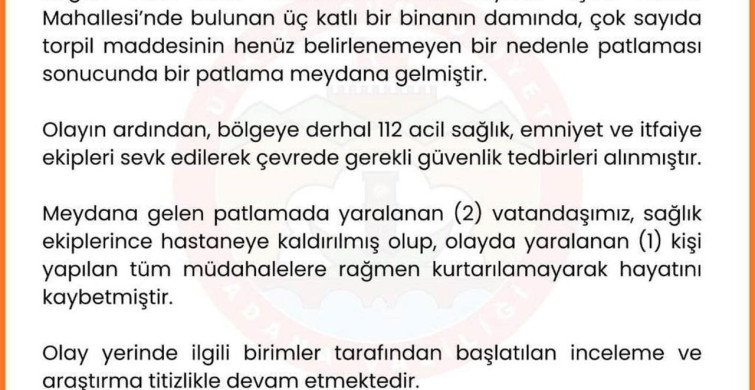 Adana'da Patlama: 1 Ölü, 1 Yaralı