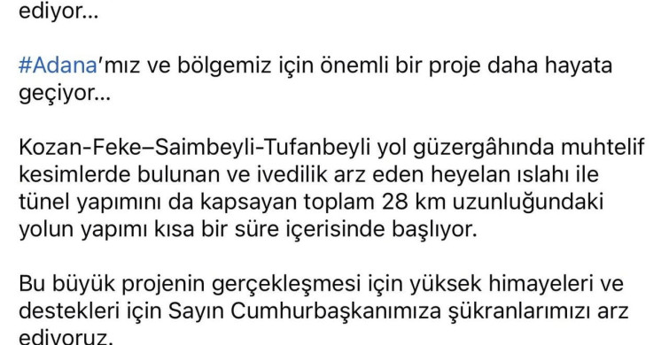 Adana’ya Yeni Yol Projesi Başlıyor