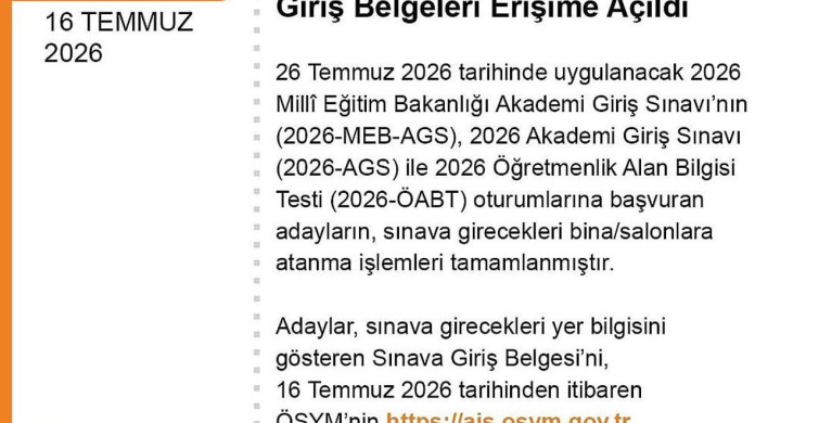 AGS ve ÖABT giriş belgeleri erişime açıldı