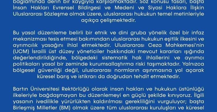 Bartın Üniversitesi'nden İsrail'in İdam Cezası Düzenlemesine Tepki