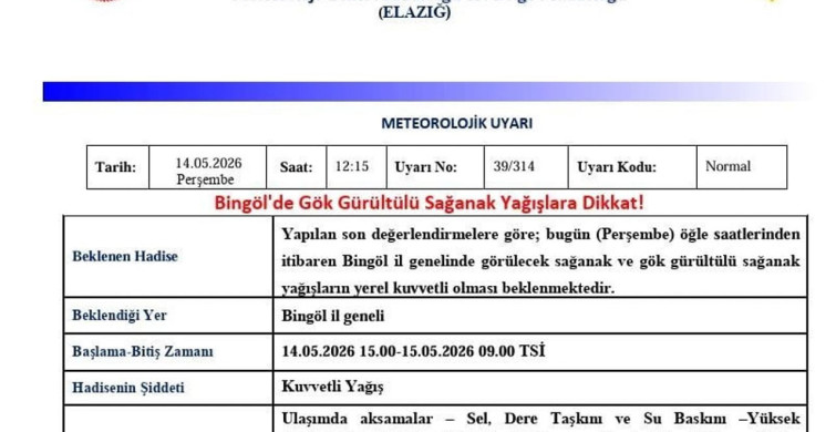 Bingöl'de Gök Gürültülü Sağanak Yağış Uyarısı