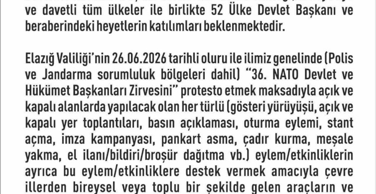 Elazığ'da 14 günlük eylem yasağı