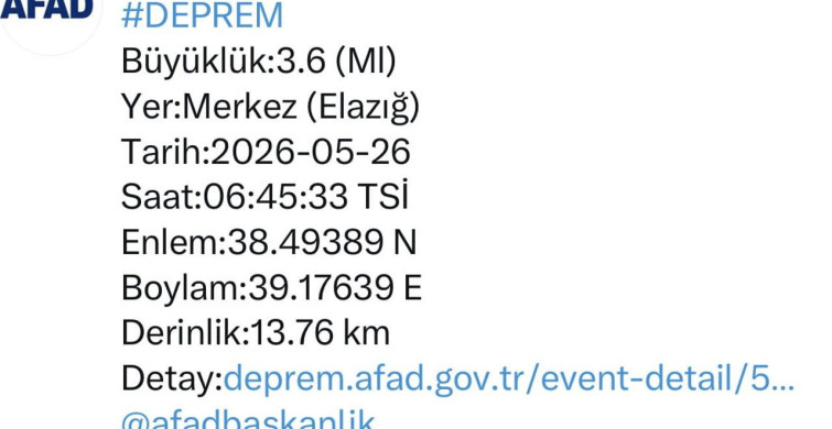 Elazığ'da 3.6 Büyüklüğünde Deprem Gerçekleşti