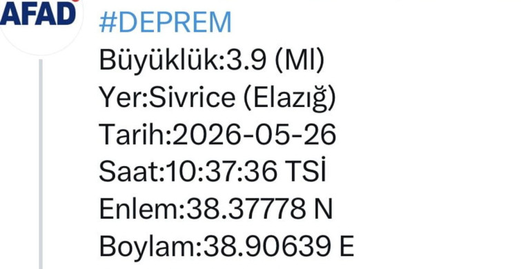 Elazığ'da 3.9 Büyüklüğünde Deprem