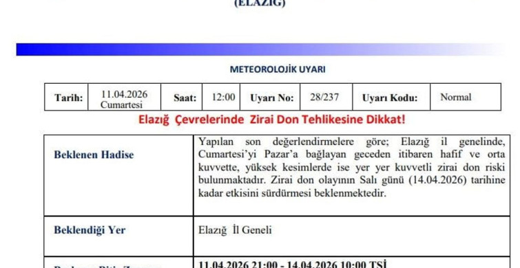 Elazığ'da Zirai Don Riski Uyarısı