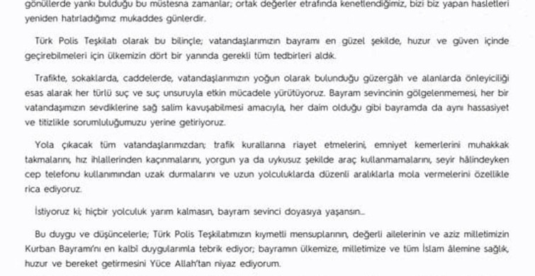 Emniyet Genel Müdürü Fidan'dan Kurban Bayramı Mesajı