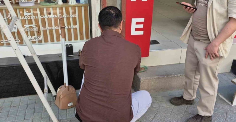 Eskişehir'de esnaf, tabelaya sıkışan yavru kediyi kurtardı