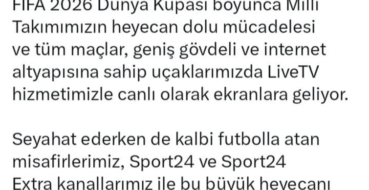 Fifa 2026 dünya kupası maçları thy uçaklarında canlı yayınlanacak