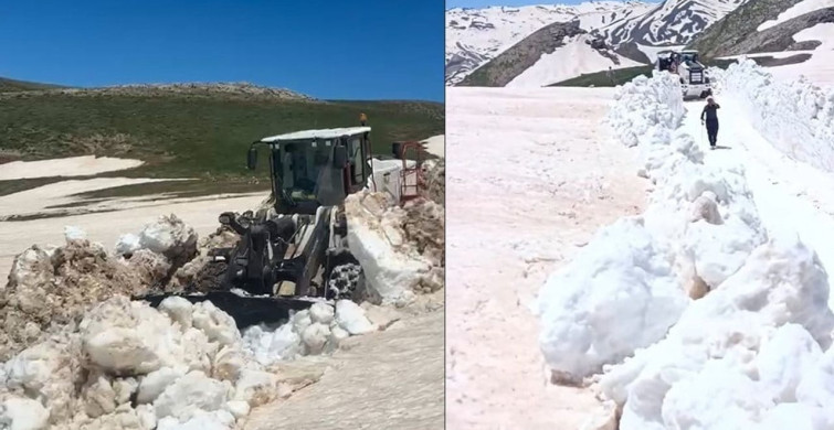 Hakkari'de yaz mevsiminde 3 metreyi bulan karda yol açma çalışmaları sürüyor