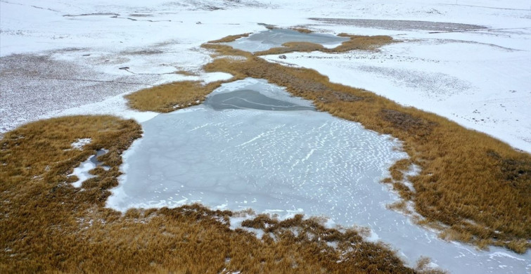 Kars'taki Lavaş Gölü'nün Yüzeyi Dondu