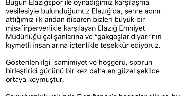 Kepezspor'dan Elazığ'a Teşekkür Mesajı