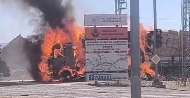 Malatya'da seyir halindeki saman yüklü tırda yangın çıktı