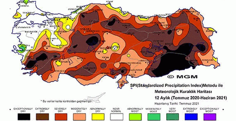 Meteoroloji Genel Müdürlüğü'nün Yayınladığı Haritada 'Olağanüstü Kuraklık' Tehlikesi Görüldü
