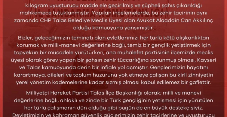 MHP’den uyuşturucuyla yakalanan CHP’li meclis üyesine tepki
