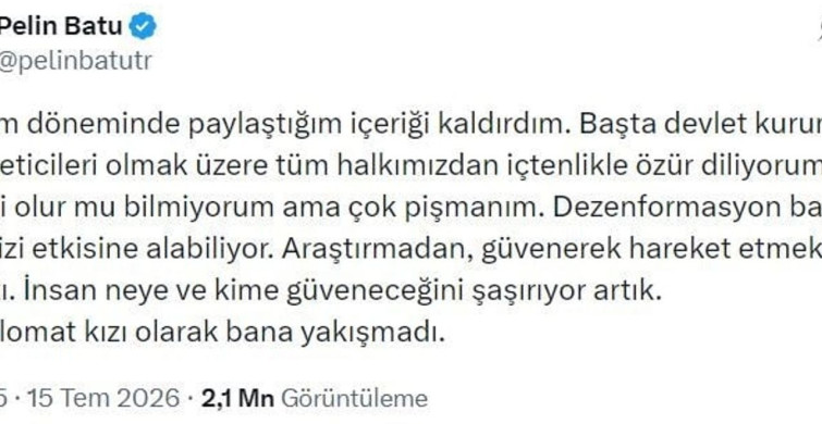 Pelin Batu, deprem paylaşımı sonrası özür diledi