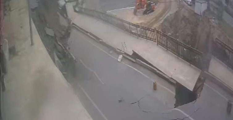 Rize'de yolun çökme anı güvenlik kamerasına yansıdı