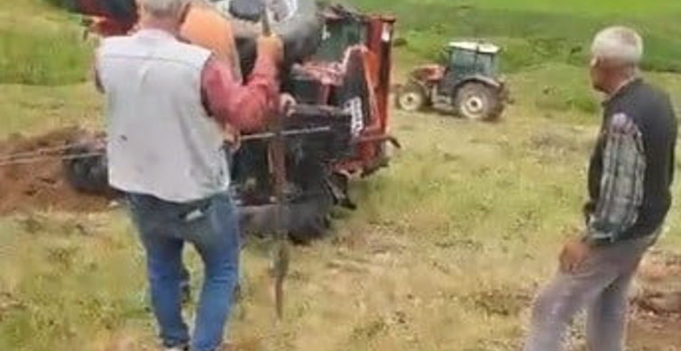 Sarıkamış'ta devrilen traktör için köylüler seferber oldu