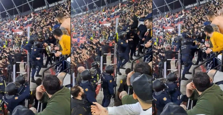 Sevilla Fenerbahçe maçında skandal görüntüler: İspanyol polisi taraftarlarımıza saldırdı